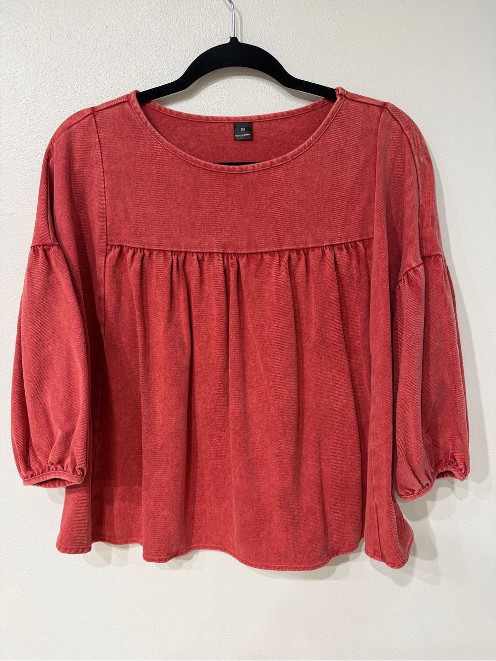Womens XS Coral Red Mineral Wash Babydoll Top Puff Sleeve